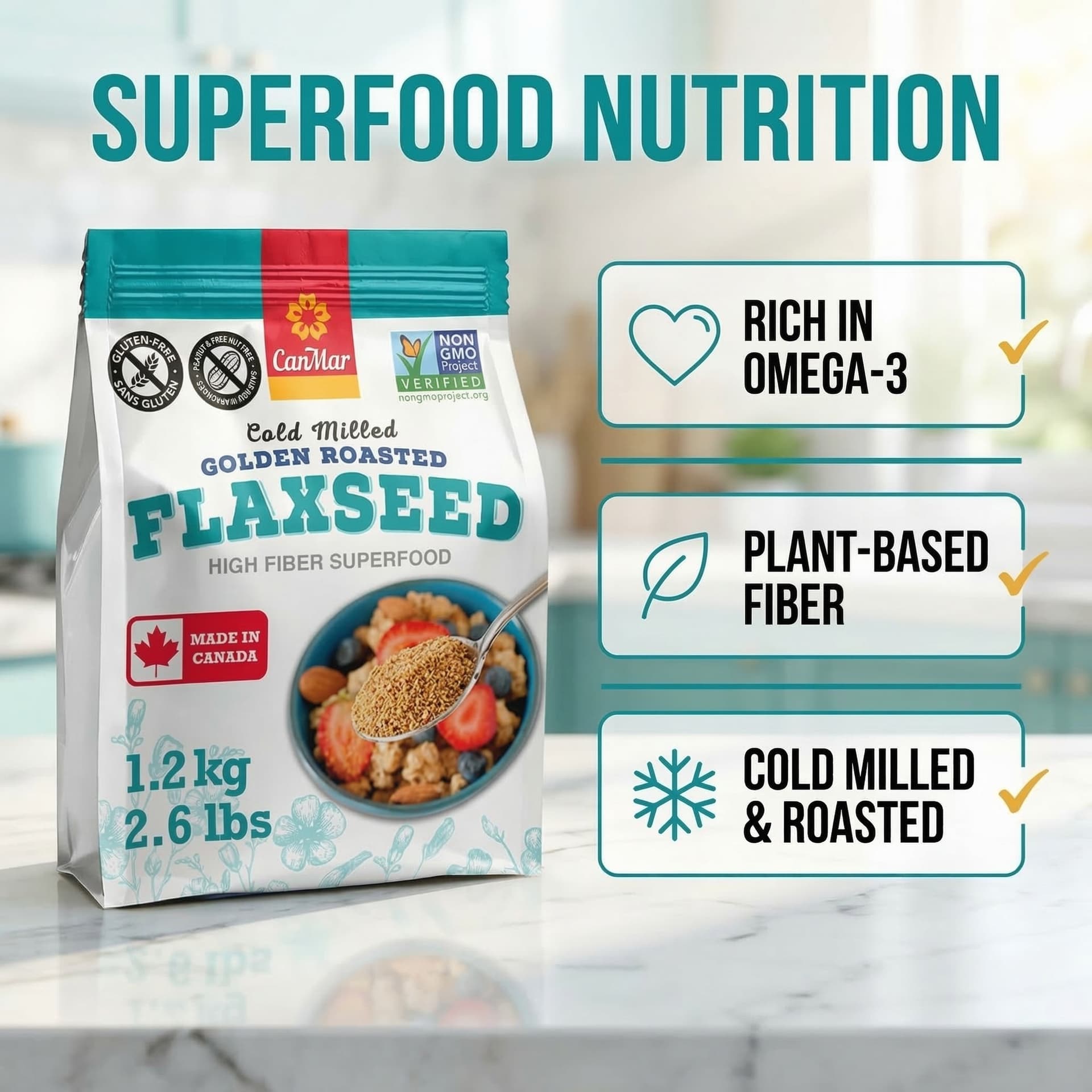 CanMar Flaxseed superfood nutrition infographic with benefit callouts