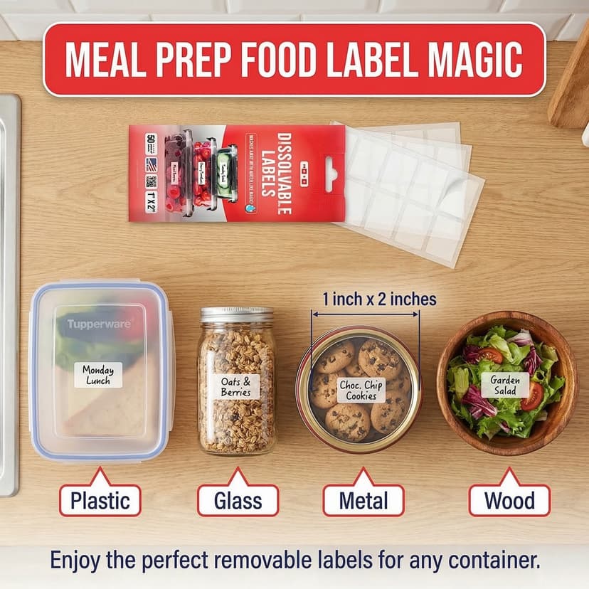 Dissolvable labels meal prep containers with colorful food organization