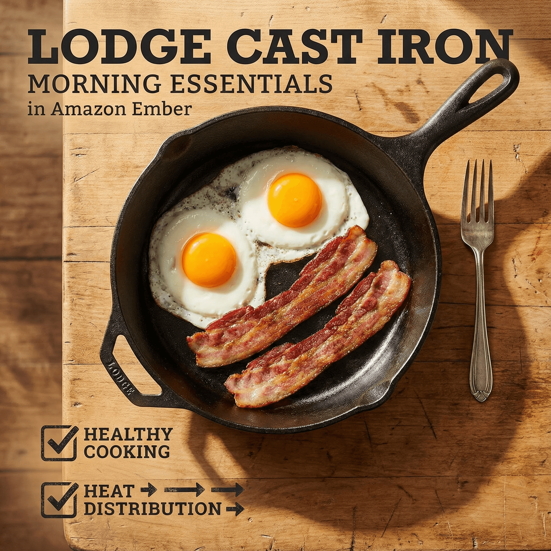 Lodge Cast Iron Skillet morning breakfast with eggs and bacon