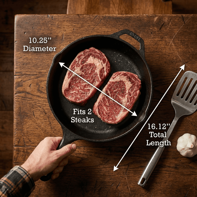 Lodge Cast Iron Skillet 10.25 inch diameter with two steaks