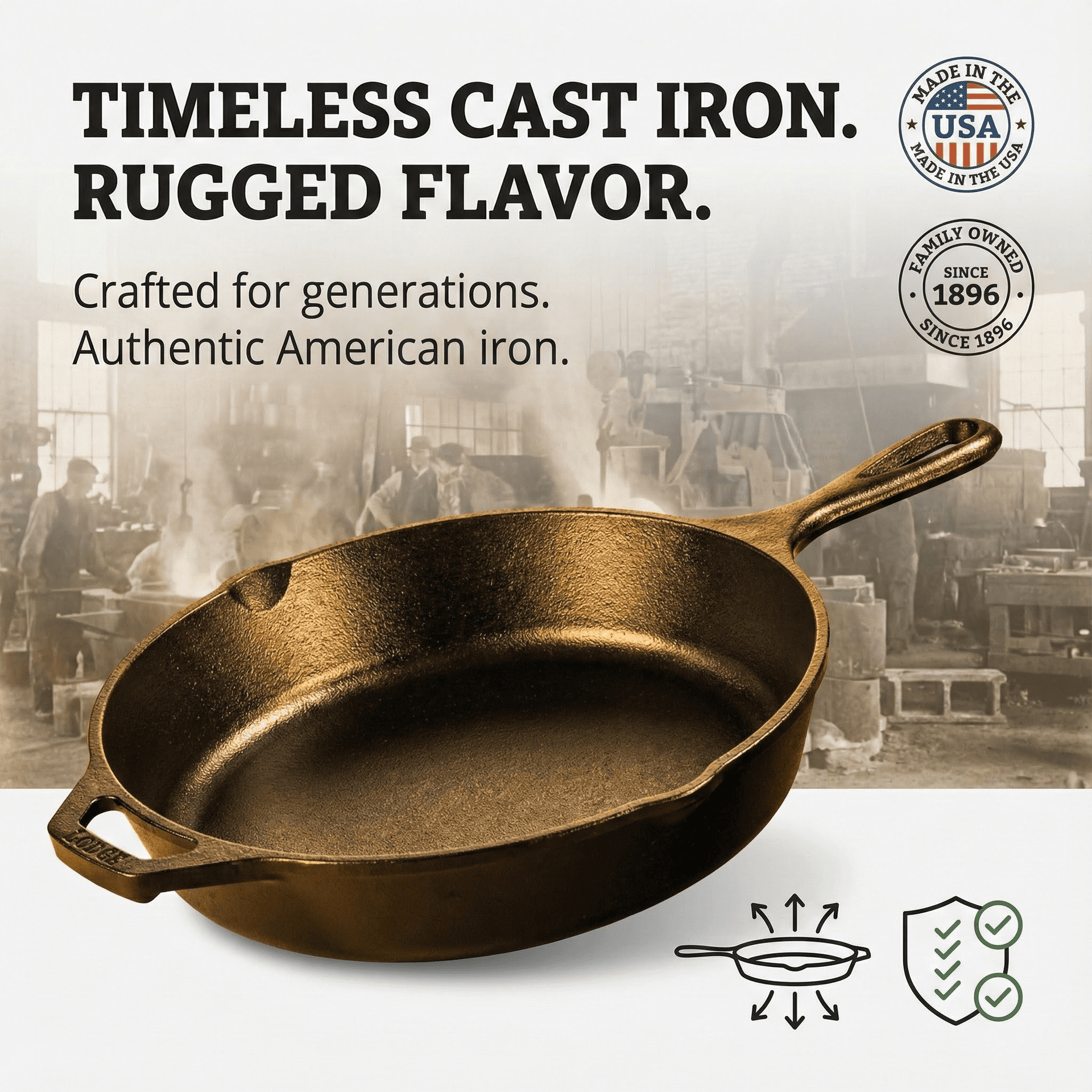 Timeless Cast Iron heritage craftsmanship Made in USA social proof