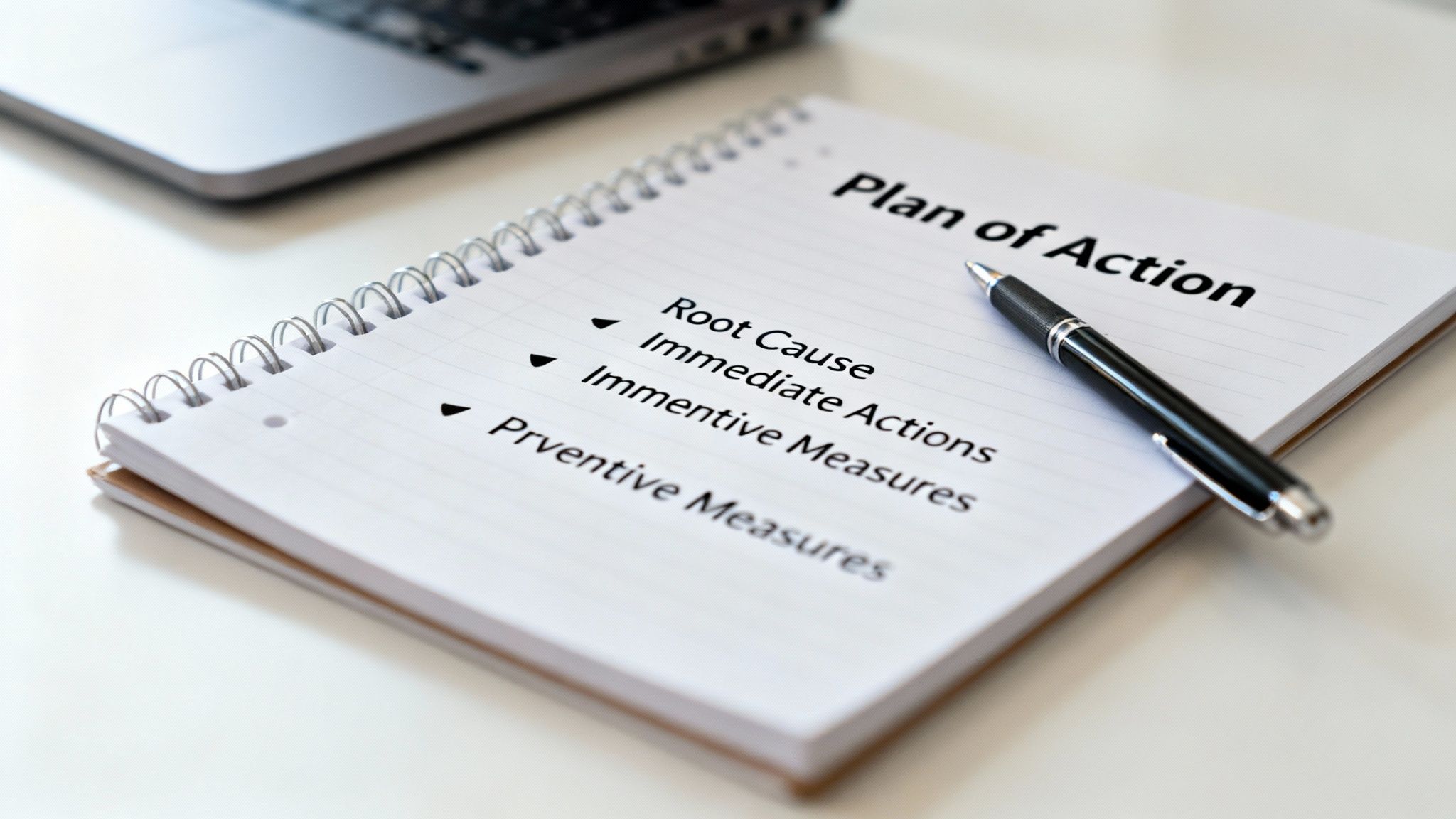A spiral notebook titled 'Plan of Action' outlines steps like root cause analysis and preventive measures, with a pen.