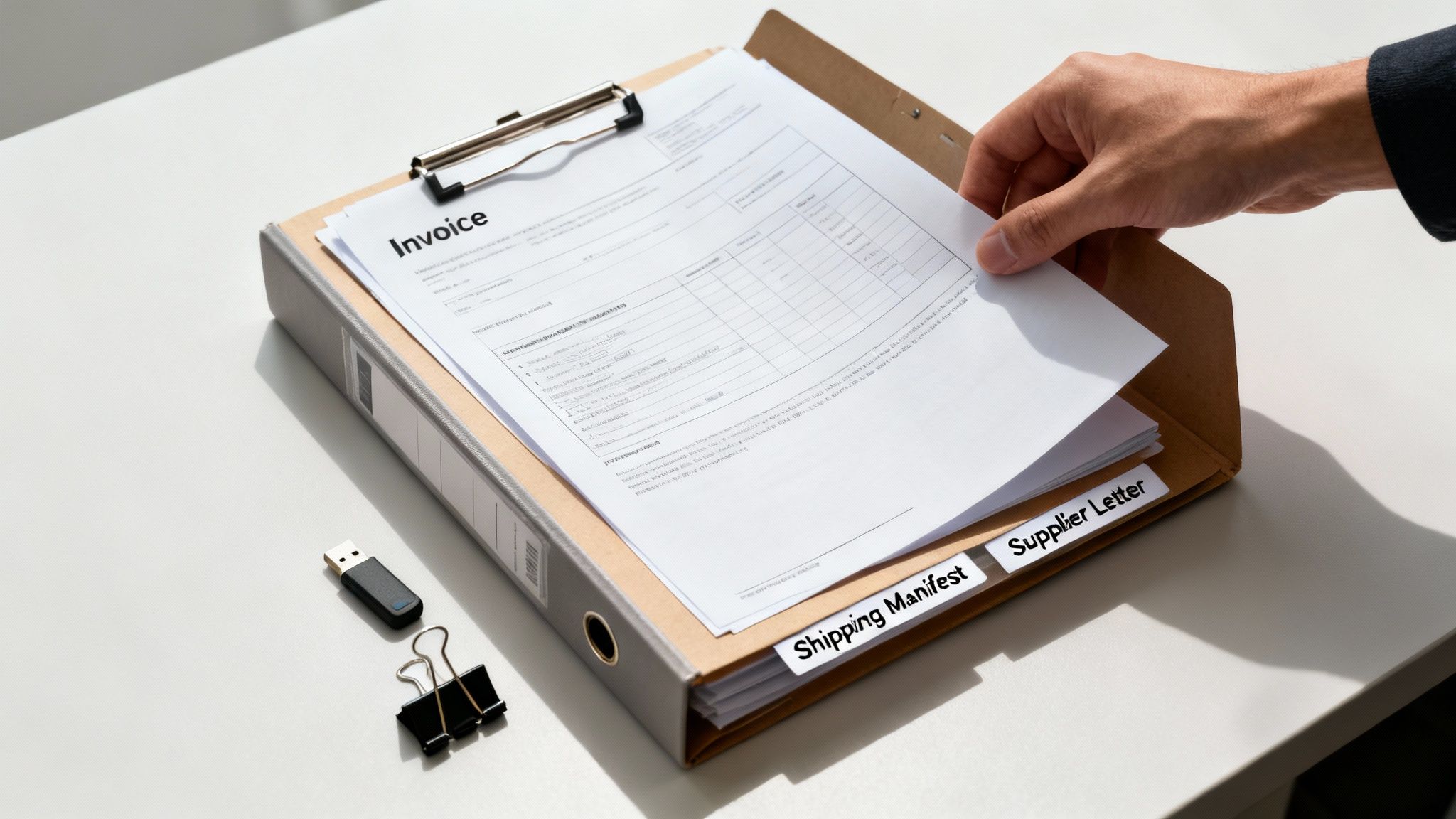 A hand places an invoice into a document folder with tabs for shipping manifest and supplier letter.