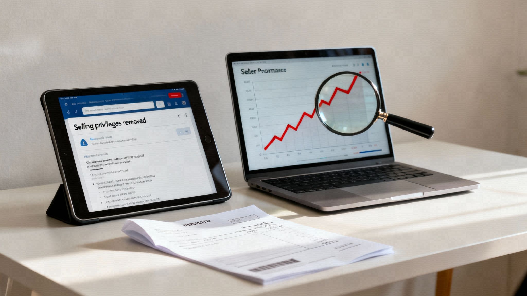A tablet shows 'Selling privileges removed' next to a laptop displaying a sales performance graph with a magnifying glass.