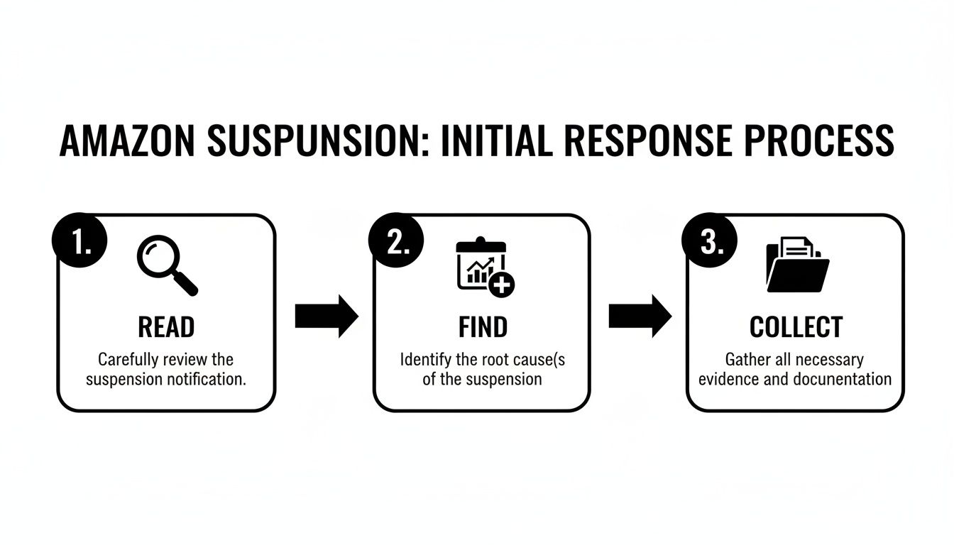 Infographic outlining the Amazon account suspension initial response process with three key steps.