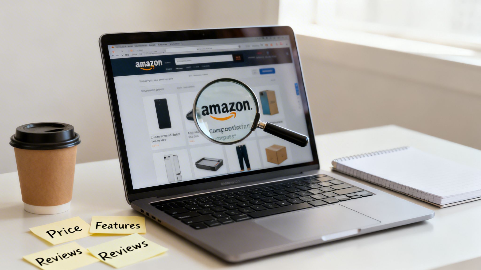 A laptop displaying Amazon's website with a magnifying glass, coffee cup, notebook, and sticky notes for price, features, and reviews.