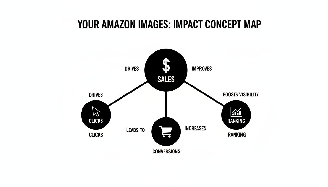 Concept map illustrating how Amazon images impact clicks, conversions, ranking, and ultimately sales.