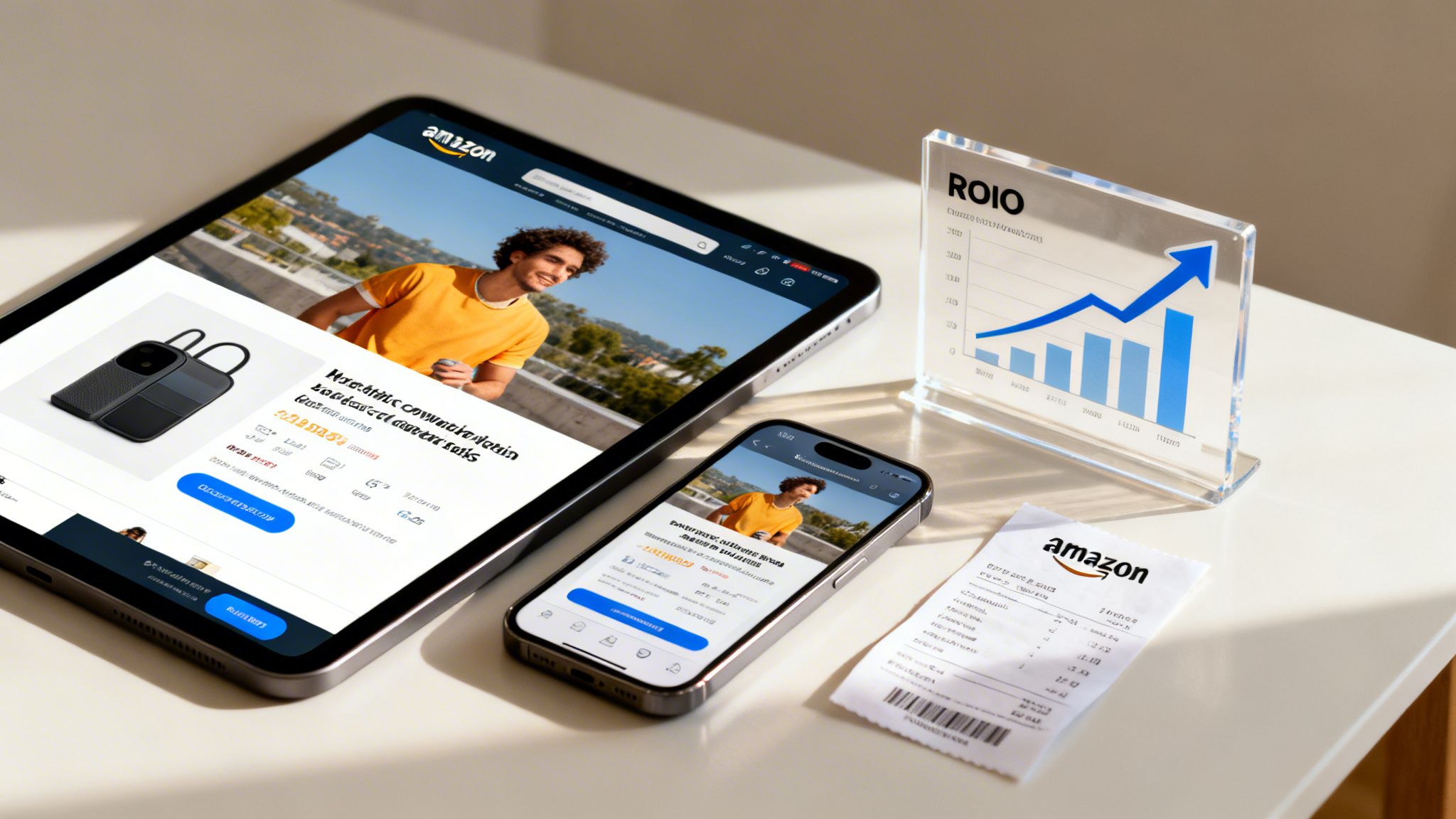 Tablet and smartphone display Amazon product pages next to a sales graph and an Amazon receipt.
