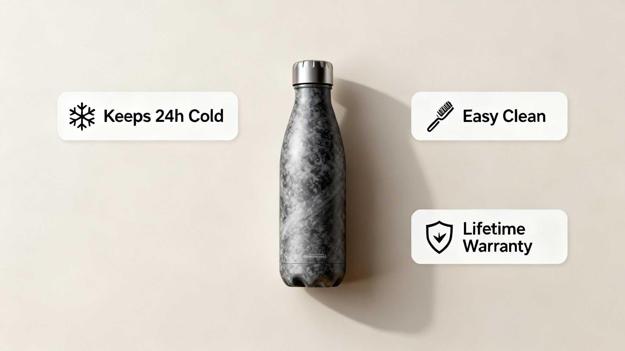A black and white marble-patterned insulated water bottle highlighting its key features: 24h cold, easy clean, and lifetime warranty.