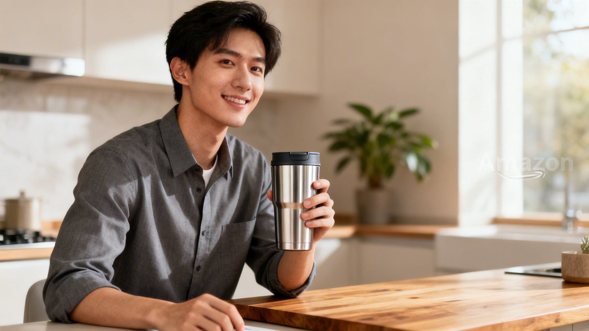 Smiling young man holding a silver travel mug at a modern kitchen table.