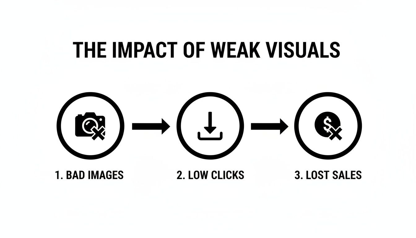 Flowchart illustrating how weak visuals and bad images lead to low clicks and lost sales.