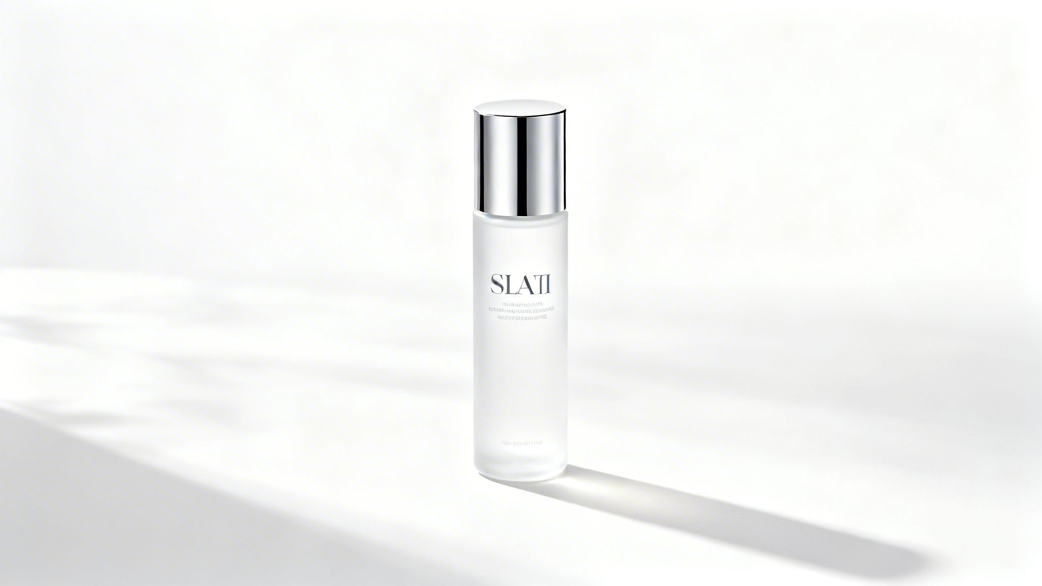 A frosted white SLATI cosmetic bottle with a silver cap on a clean white surface.