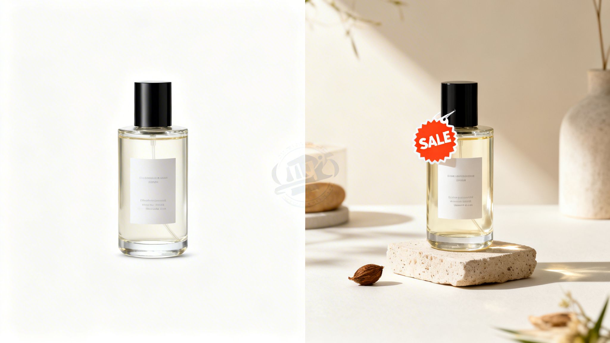 Two clear glass perfume bottles, one simple and one with a red sale tag on a textured base.