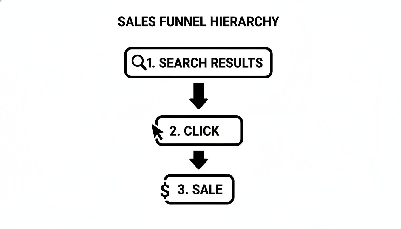 A diagram illustrating the sales funnel hierarchy, showing steps from search results to click and finally a sale.