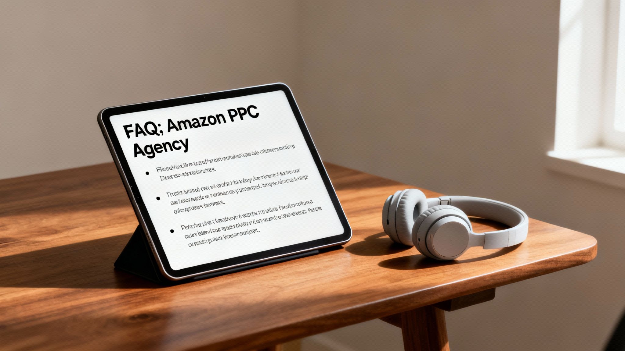 A tablet displaying 'FAQ; Amazon PPC Agency' content, placed on a wooden desk next to white headphones.