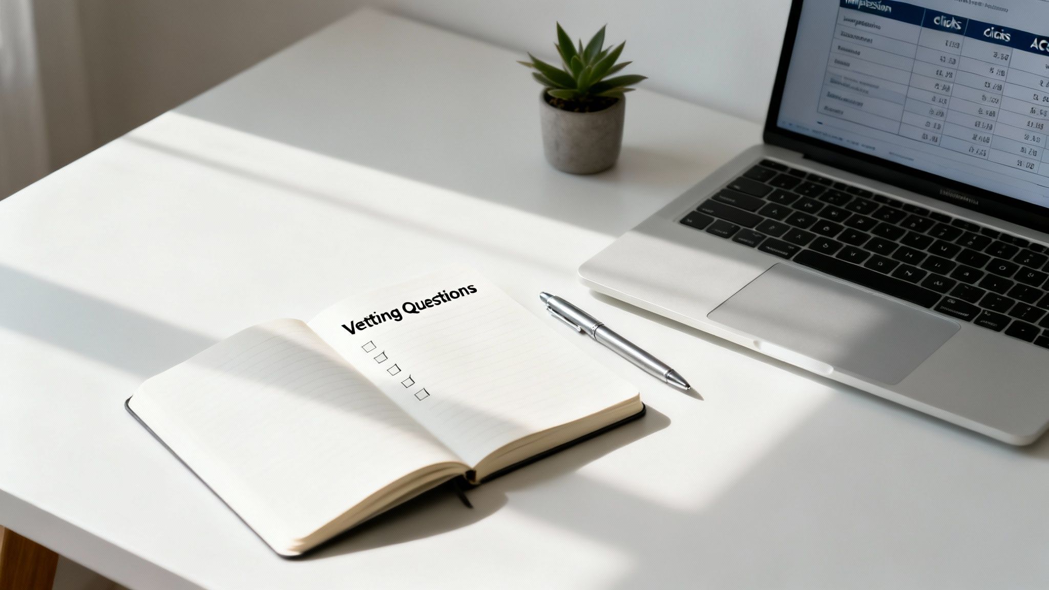 A clean white desk with a laptop showing data, a plant, and a notebook titled 'Vetting Questions' with a pen.