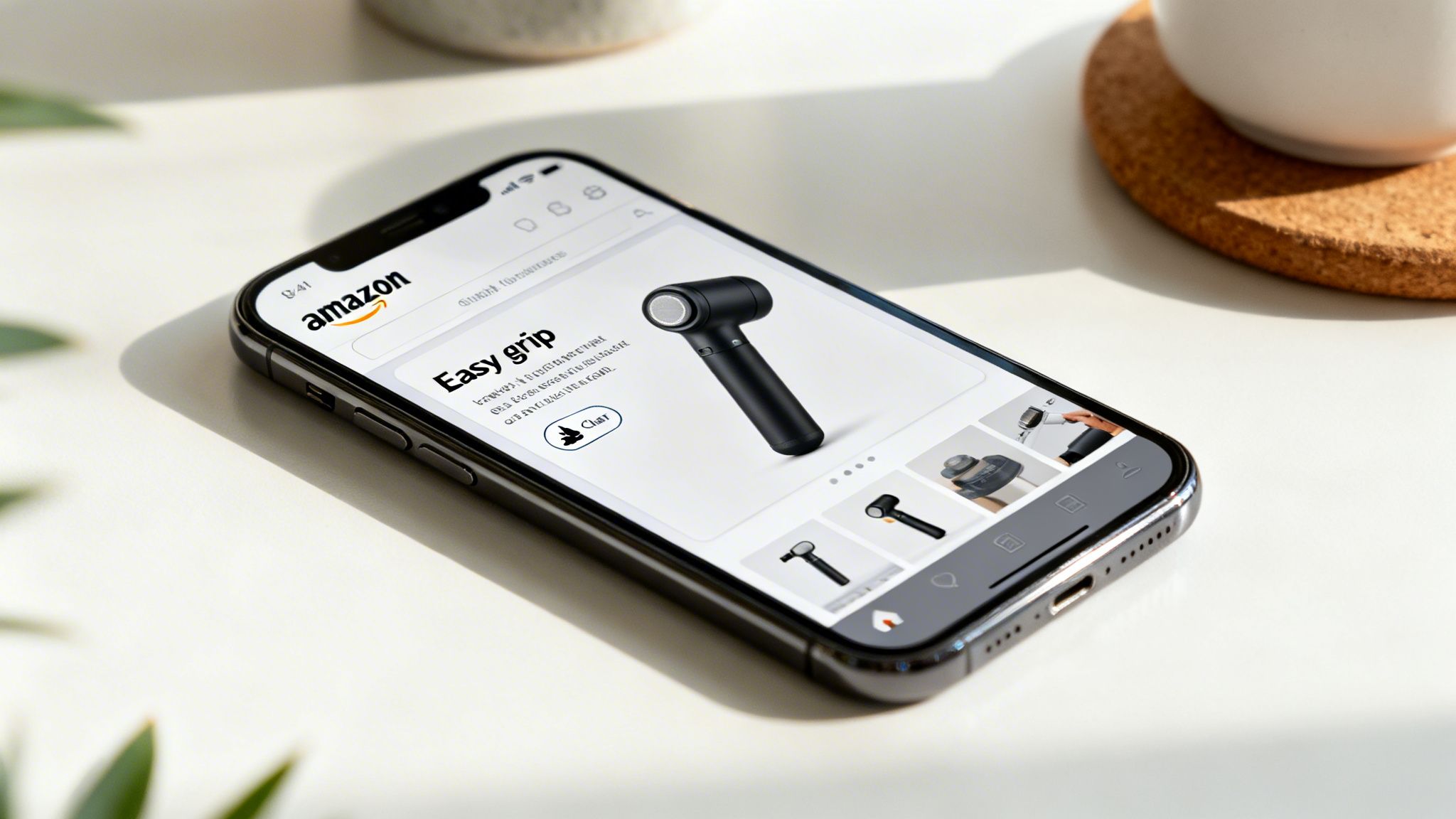 An iPhone displaying an Amazon product page for a black 'Easy grip' handheld device on a white desk with a plant.