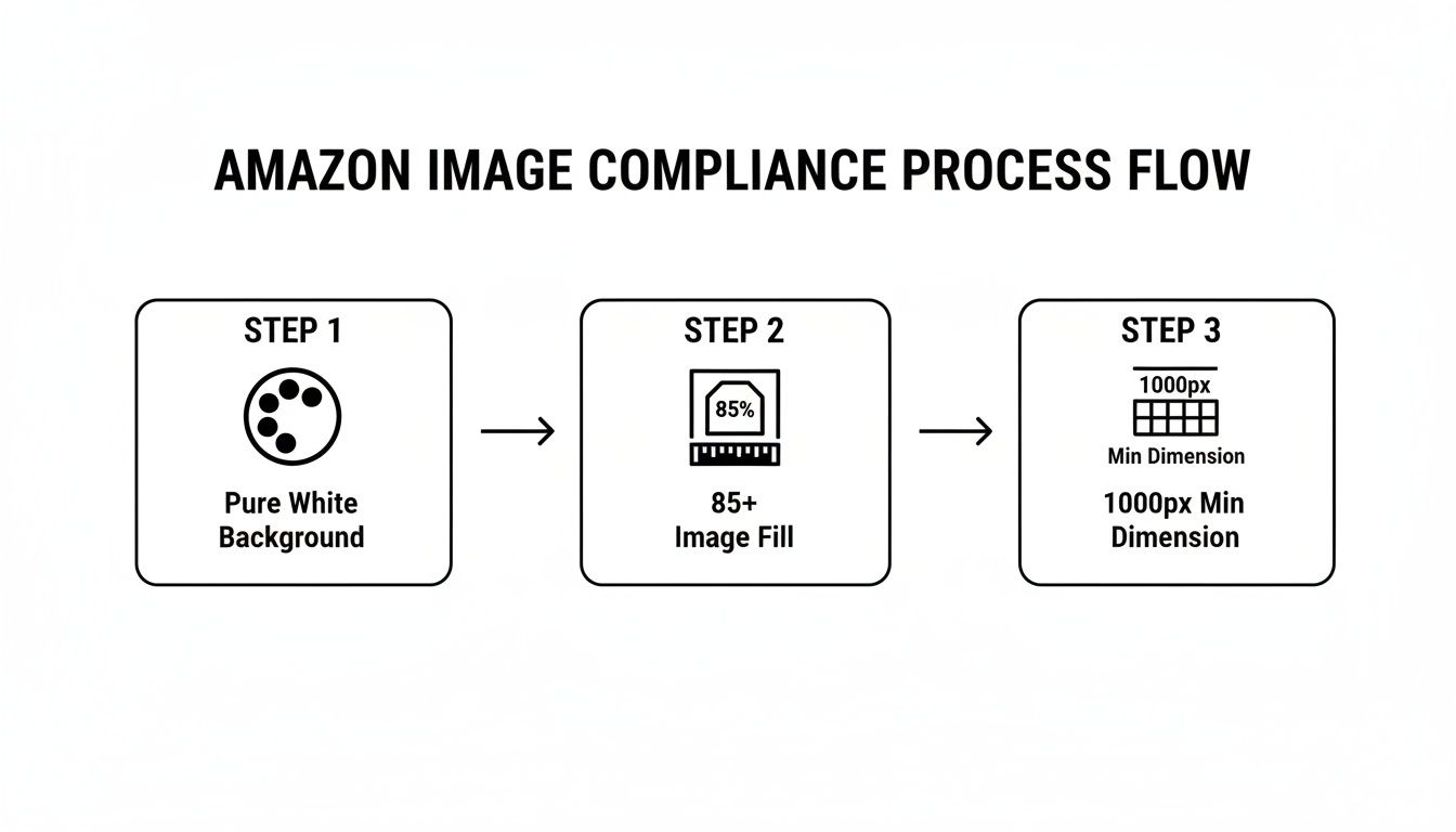 Diagram showing Amazon's image compliance process flow, detailing steps for background, fill, and minimum dimensions.