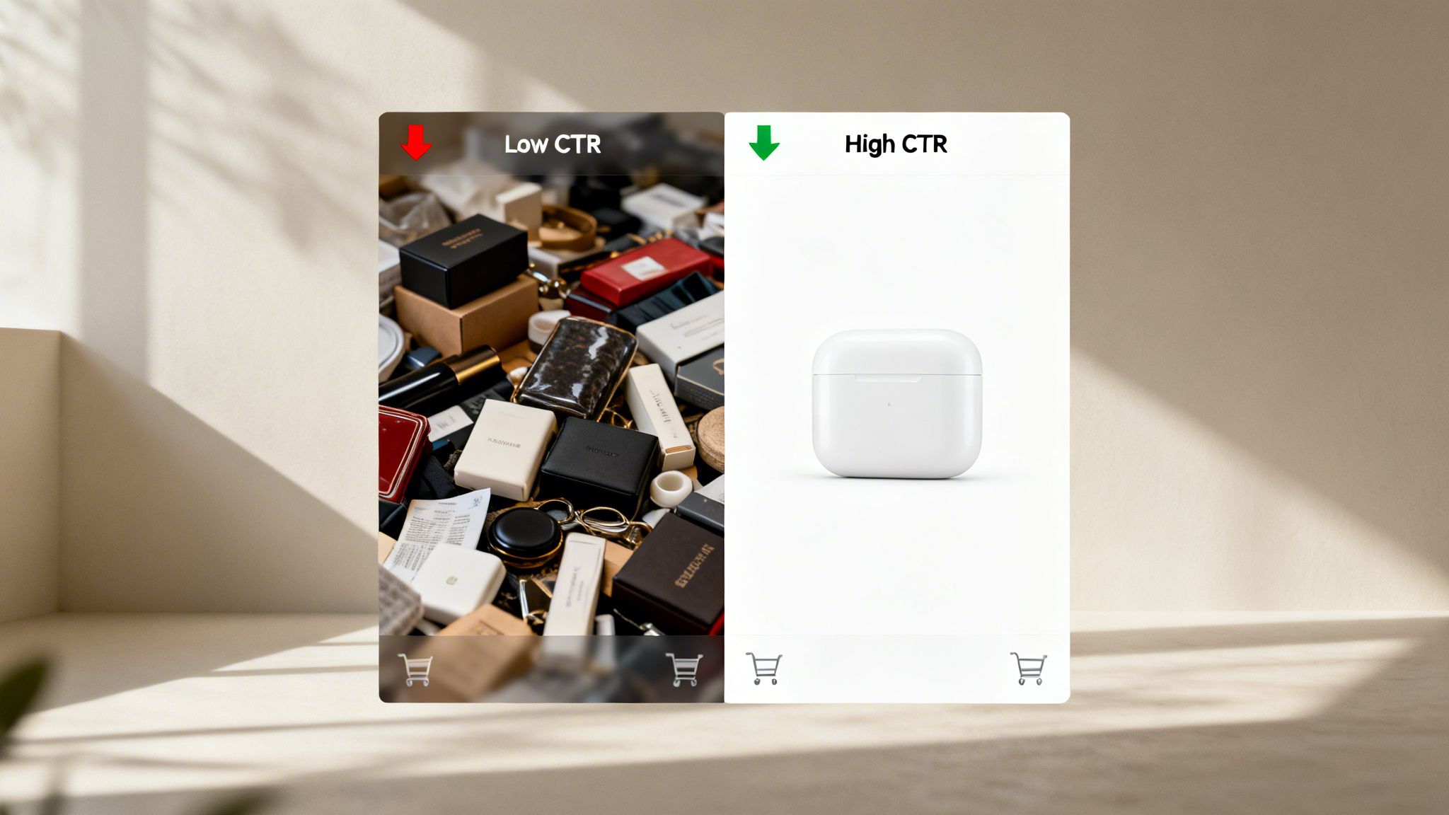 Comparison of a cluttered 'low CTR' product image with a clean, single 'high CTR' product image.