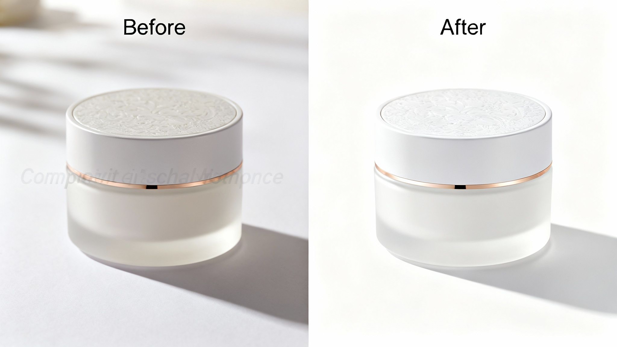 White cosmetic jar with gold trim on a clean white background, before and after editing.