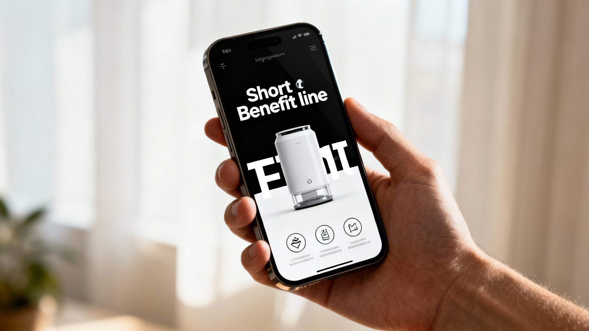 A hand holding a smartphone showcasing a product page with a white cylindrical device and text 'Short Benefit line'.