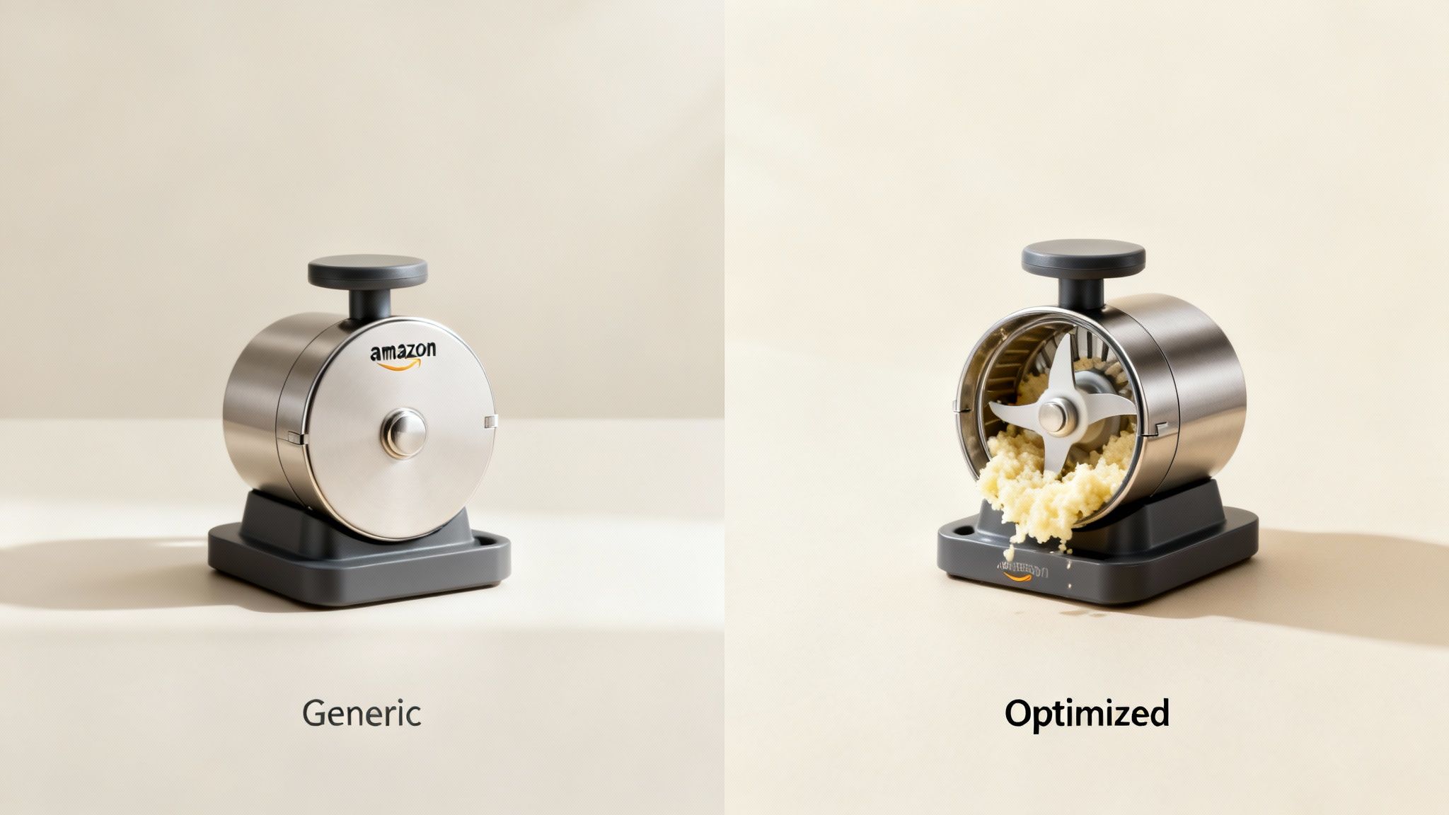 Side-by-side comparison of a generic and an optimized Amazon food grinder, one closed, one processing food.