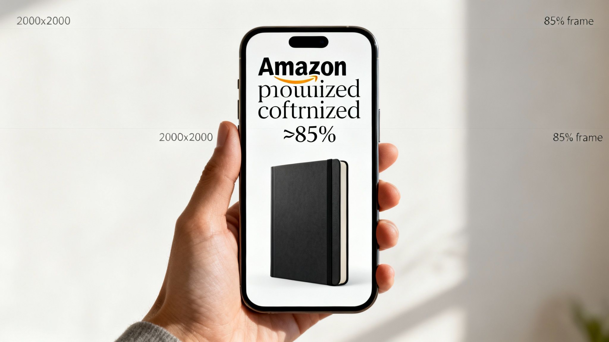 A hand holds a smartphone displaying an Amazon page with text and a black notebook.