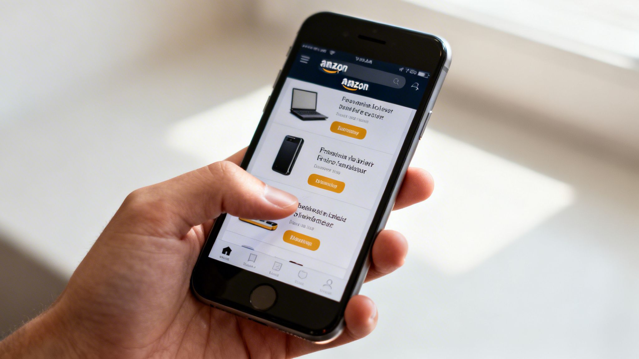 A hand holding a smartphone showcasing the Amazon app with product listings and a search bar.