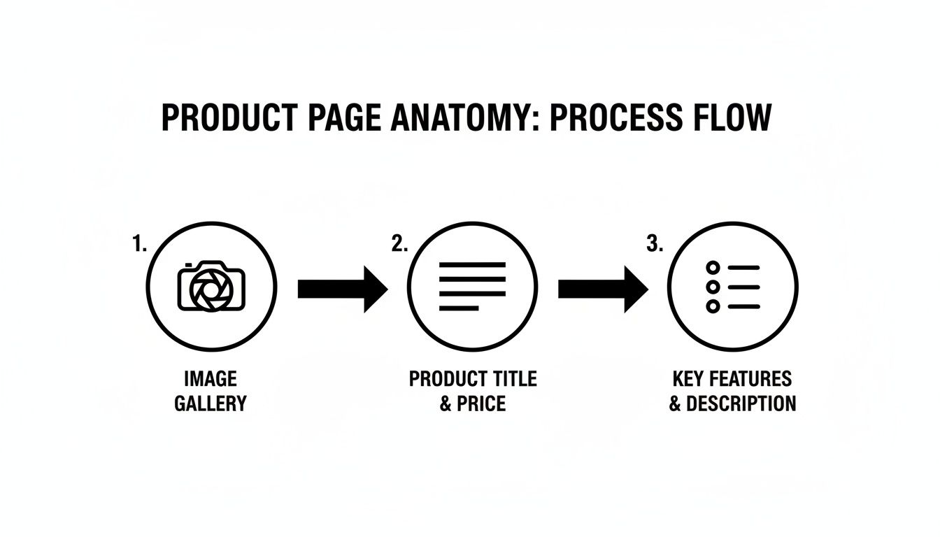 Flowchart showing the product page anatomy process, from image gallery to product title, price, features, and description.