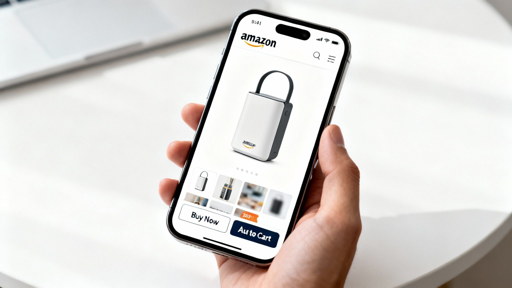 Close-up of a hand holding an iPhone displaying an Amazon product page for a portable electronic device.