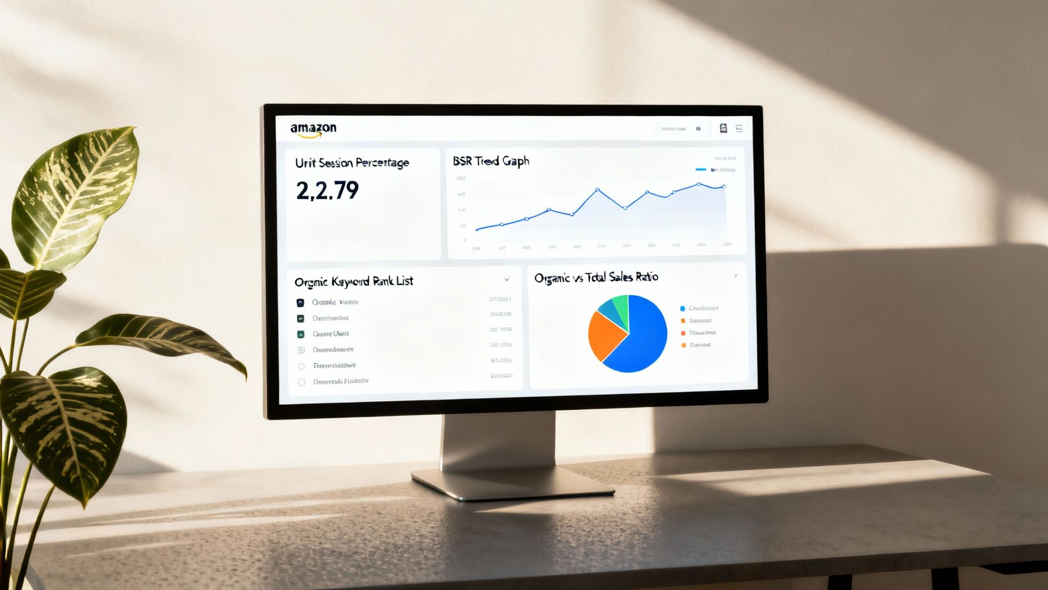 Amazon SEO dashboard on a computer monitor displaying performance metrics, charts, and keyword lists, next to a green plant.