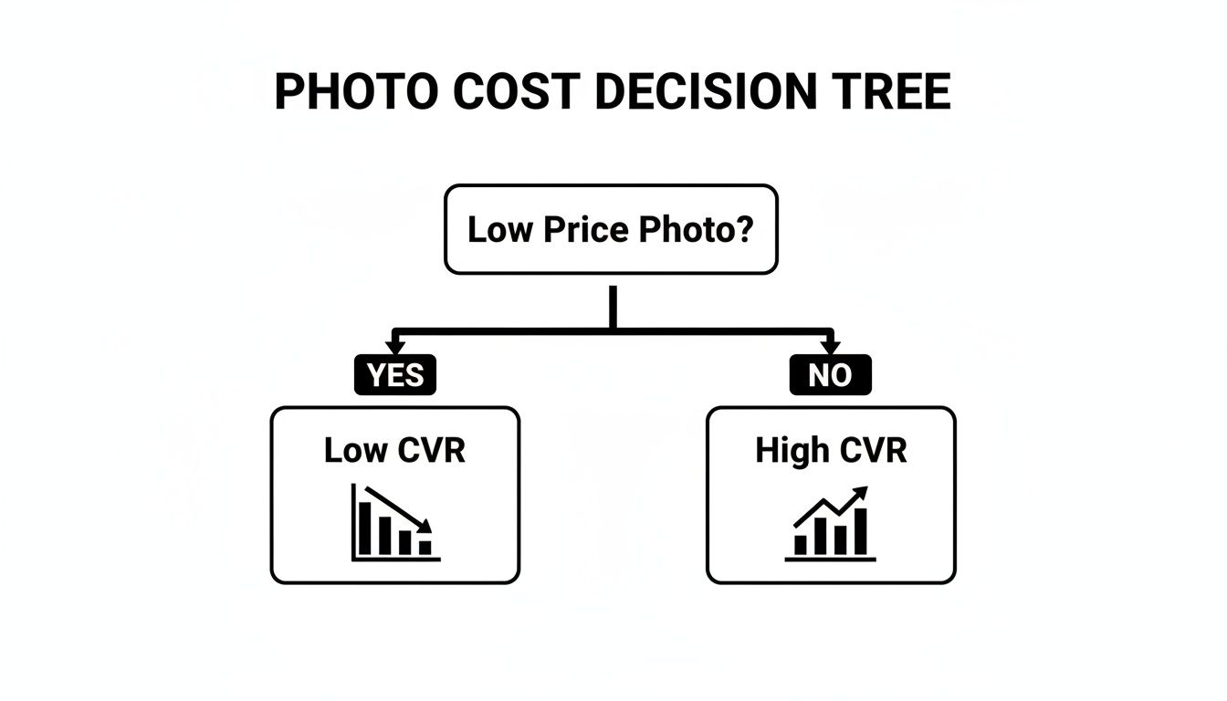 A decision tree illustrating the impact of photo pricing on conversion rates, showing low CVR for low-price photos.