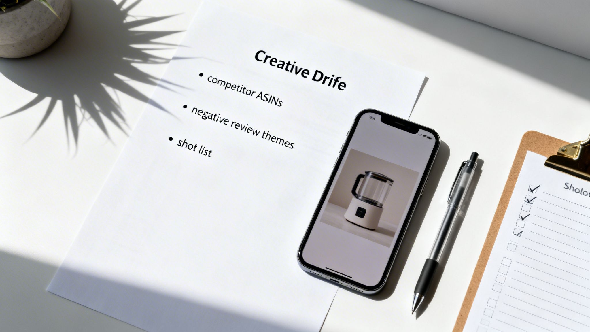 A white desk with a 'Creative Drive' document, a smartphone displaying a product image, and a checklist.