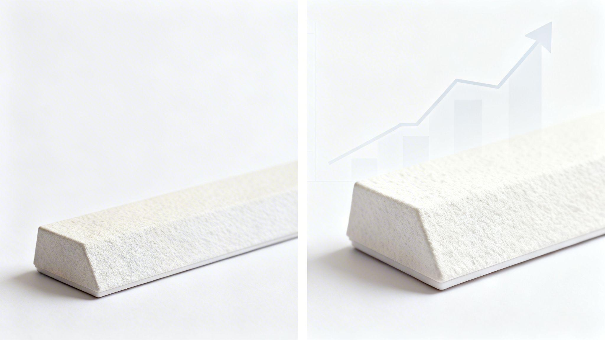 A white rectangular object with a subtle upward trend graph and bar chart on a white background.