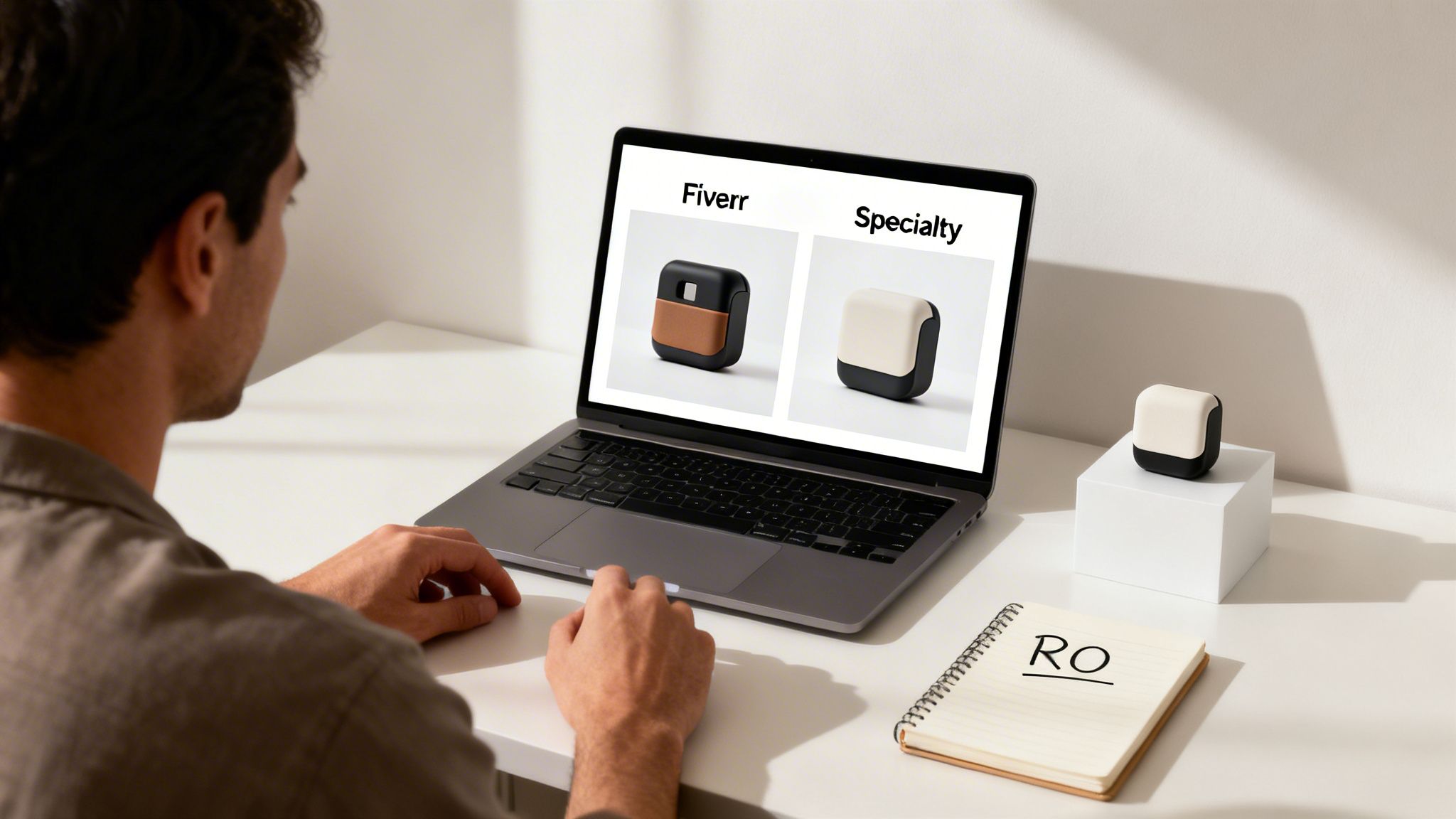 A man compares a product photo labeled 'Fiverr' with a 'Specialty' one on a laptop.