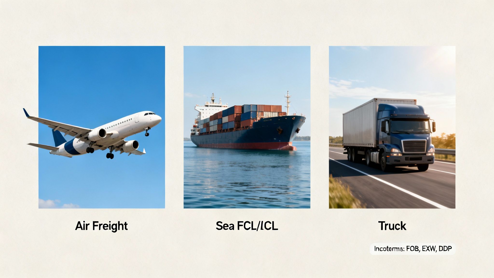 An airplane, a container ship, and a truck represent various freight transport options.