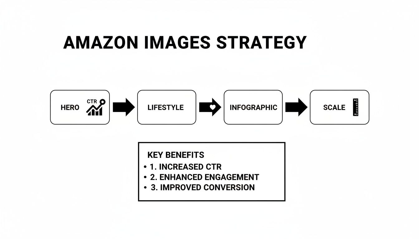 Amazon image strategy flowchart outlining steps: Hero, Lifestyle, Infographic, Scale, and key benefits.