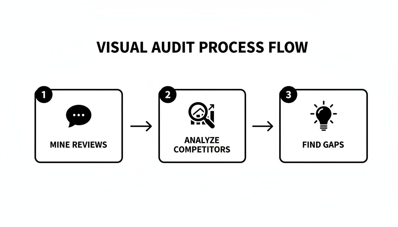 Visual audit process flow showing three steps: mine reviews, analyze competitors, and find gaps.