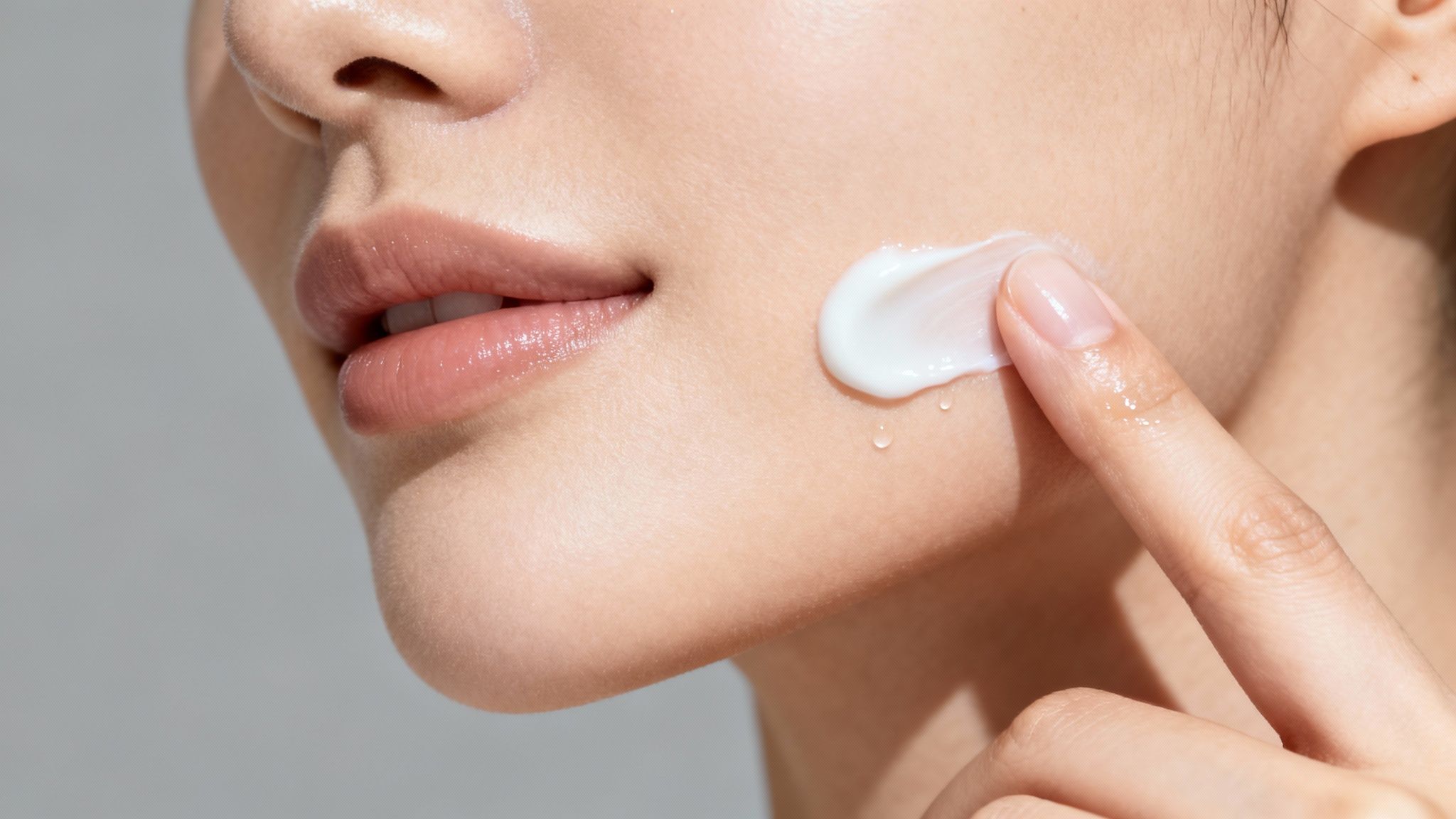 Close-up of a person applying white skincare cream to their cheek with a finger, showcasing healthy skin.