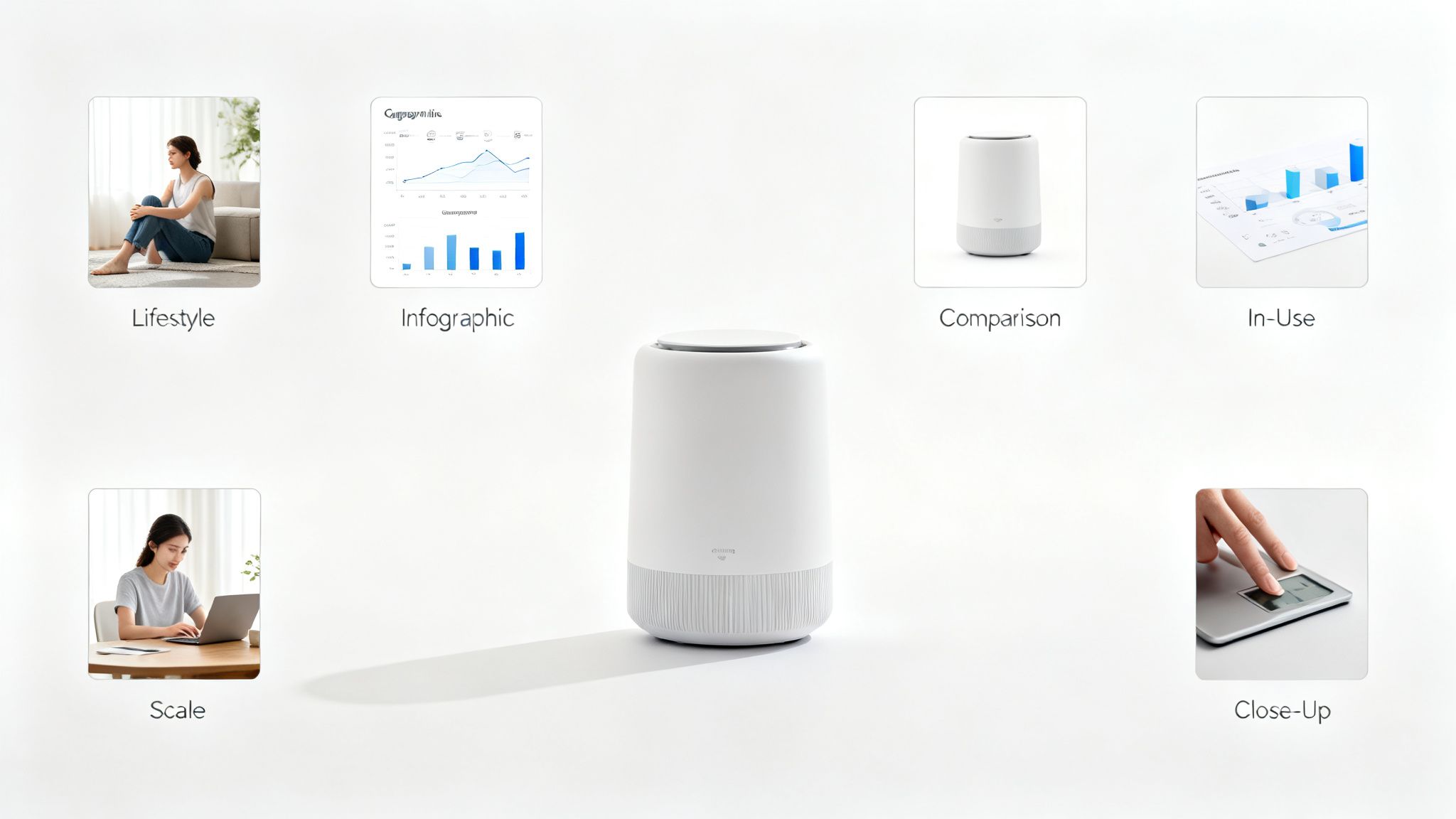 A white cylindrical smart device presented with diverse product photography examples: lifestyle, infographic, and detailed views.